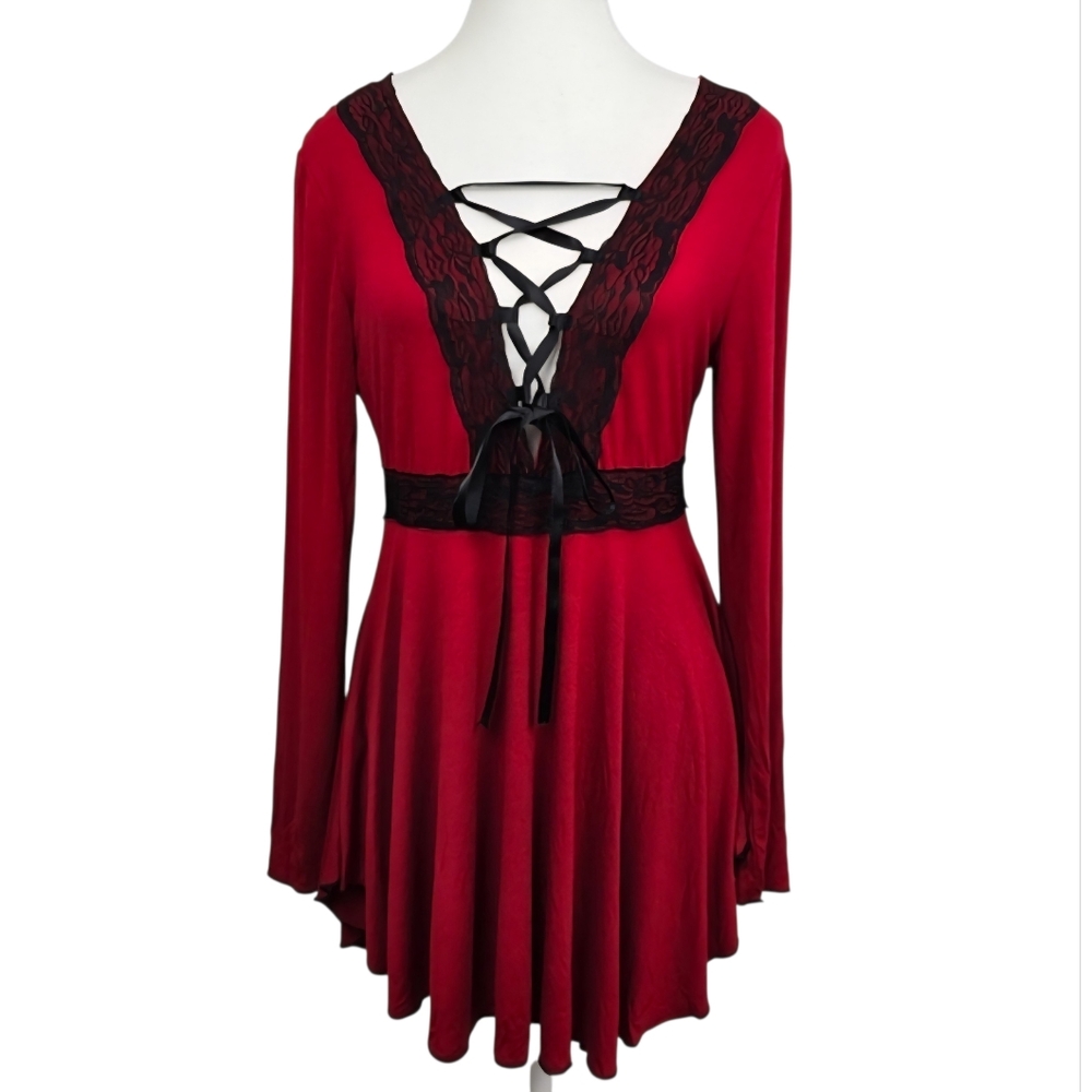 Lucky Red V-Neck Lace-Up Empire Waist Blouse Sz M Long Sleeve Goth Lightweight